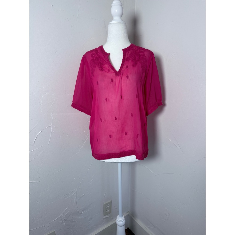Old Navy M Hot Pink Sheer Embroidered Boho Peasant Blouse Made in India